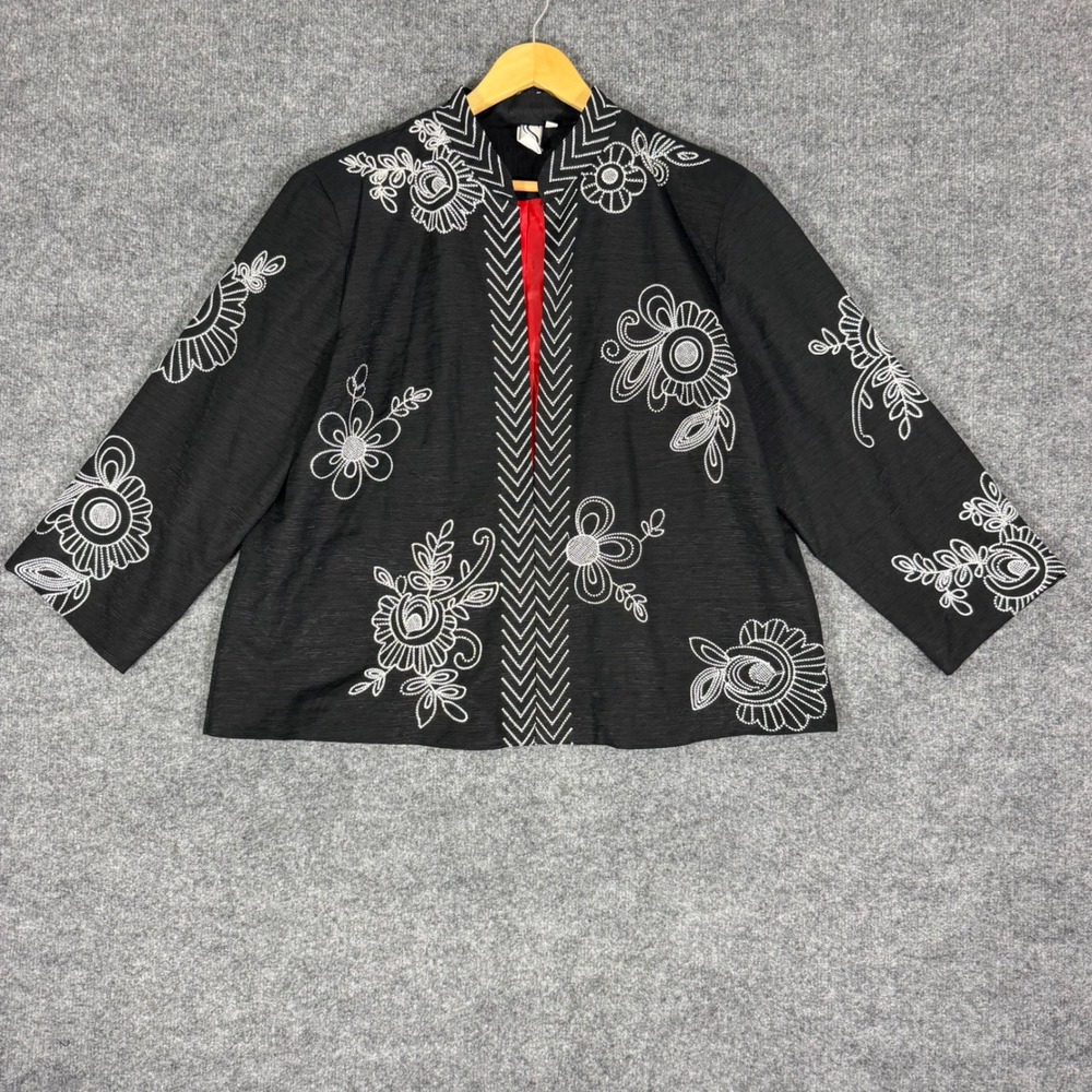 Silk Land Embroidered Floral Mandarin Collar Jacket Women 1X Black Silk EUC